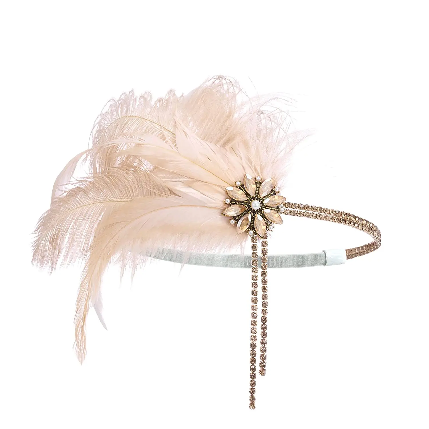 1920s Headpiece Flapper Headband, Rhinestone Pearl Feather Hair Band Great Gatsby Headpiece Accessories for Women