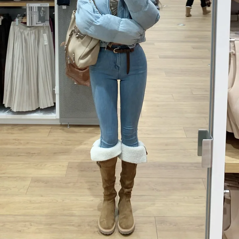 

Brown Lamb Fur Lined Winter Boots Women's Autumn Winter New Sle Two-Way Wear Thi Bot Over-Knee Boots Warm Slimming