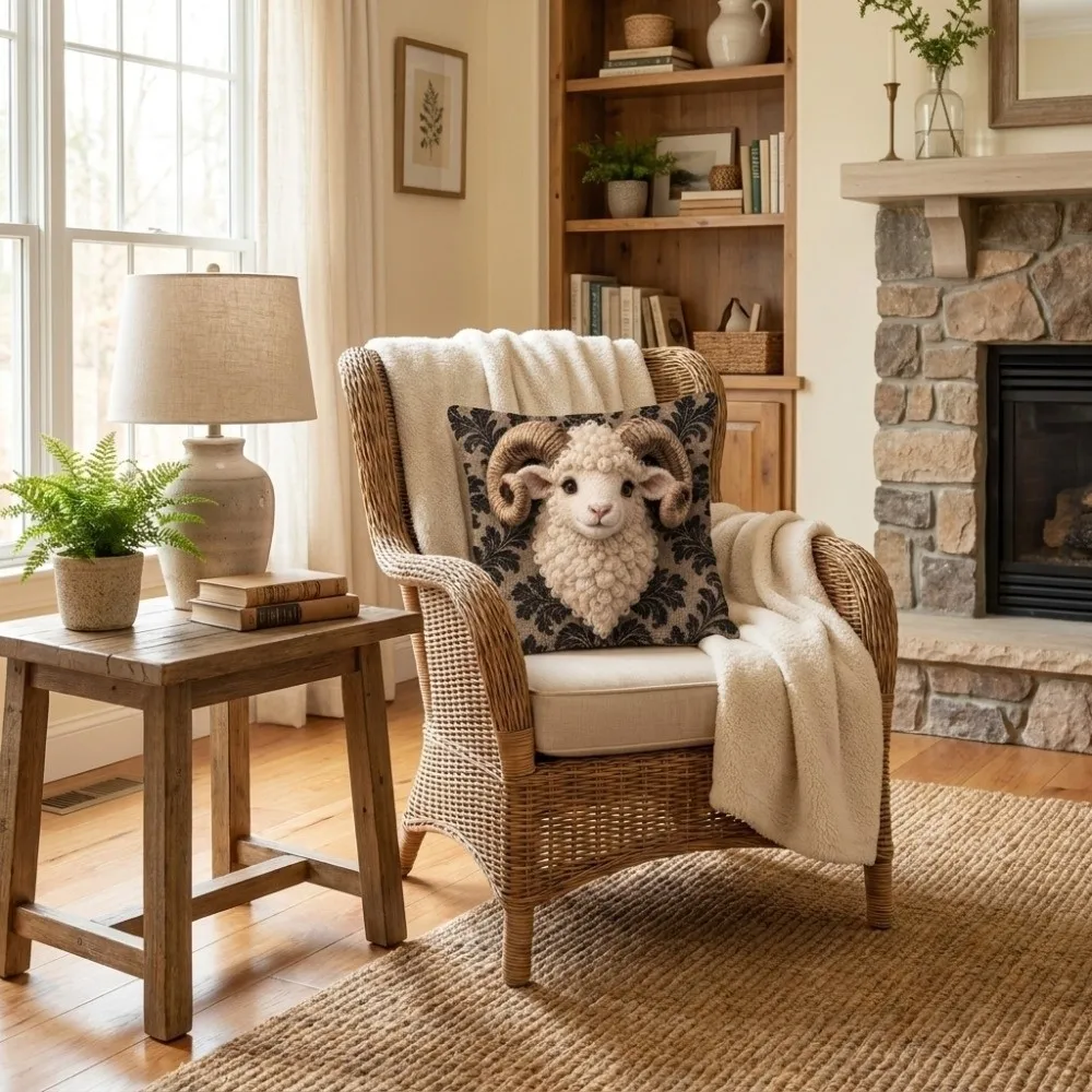 Imitation Embroidery Sheep Throw Cushion Case 2D Printed Rustic Style Zodiac Goat Pillow Cover Soft 2027 Sheep Pillow Cover Car