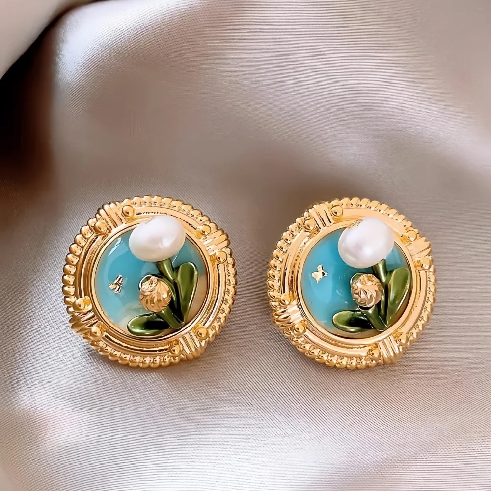 French Vintage Base Glaze Flower Round Stud Earrings Monet Garden Imitation Pearl Women Earrings Fashion Jewelry