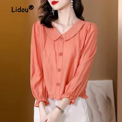 Autumn Fashion Solid Color Single-breasted Blouse Women New High-quality Long Sleeve Peter Pan Collar Short Pleated Casual Shirt