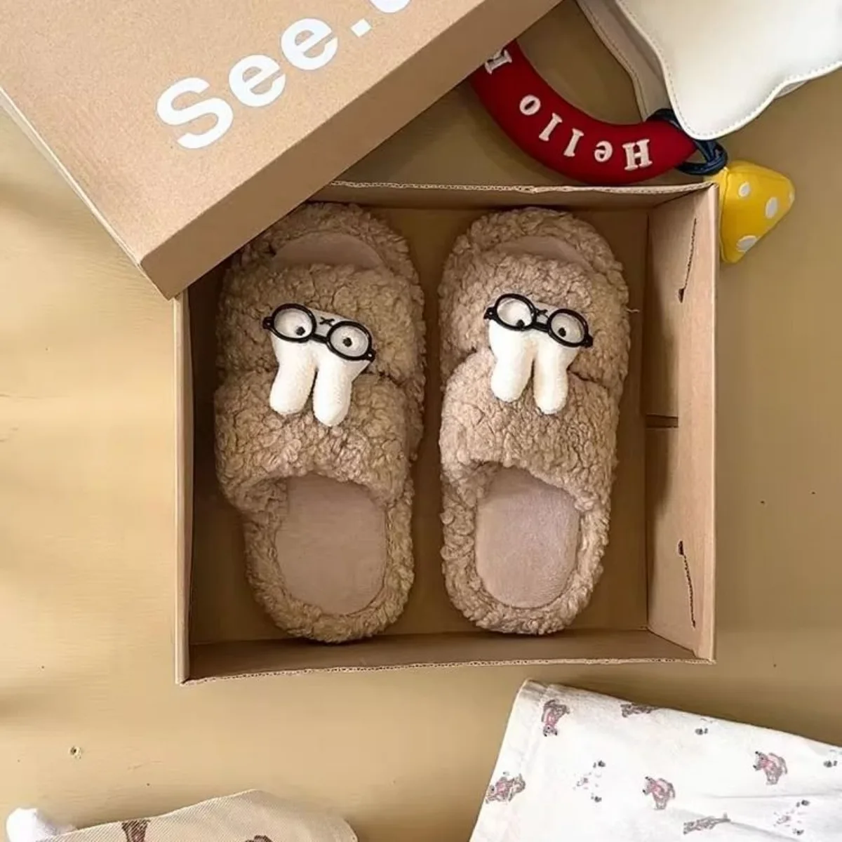 Cartoon Miffy Rabbit with Glasses Plush Women Slippers Autumn and Winter Dew Toe Thick Bottom Anti Slip Indoor Outdoor Home Shoe view 5