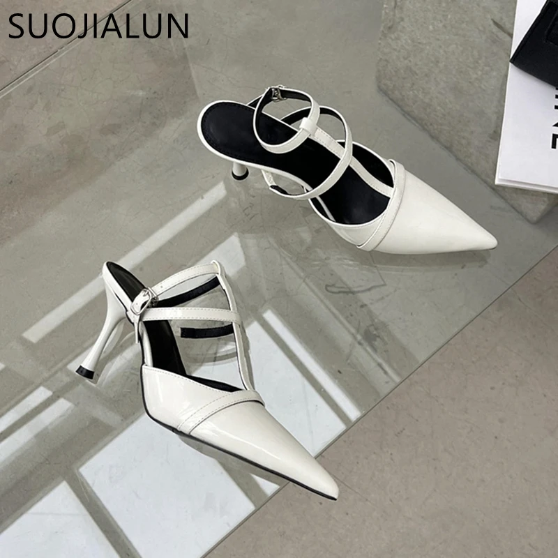 SUOJIALUN 2023 Spring New Pointed Toe Women Sandal Fashion Ankle Starp Thin High Heel Ladies Elegant Pumps Dress Slingback Shoes