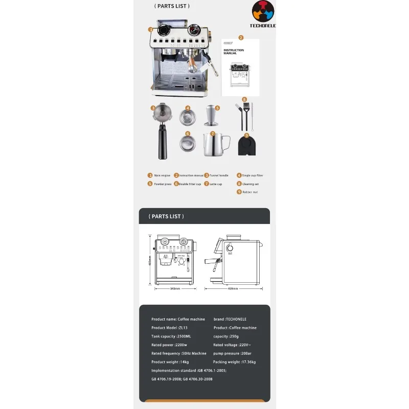 Электрическая кофемашина, полуавтоматическая кофемашина для эспрессо с кофемолкой для зерен, роскошный двойной бойлер для дома и отеля