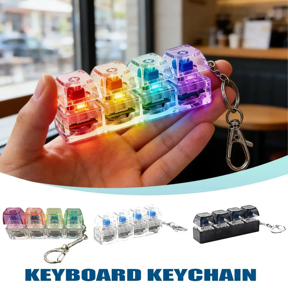 RGB Light Mechanical Keyboard Fidget Toy 4-Key Transparent Clicker Keychain with Dynamic LED Stress Relief Toy for Desk Decor