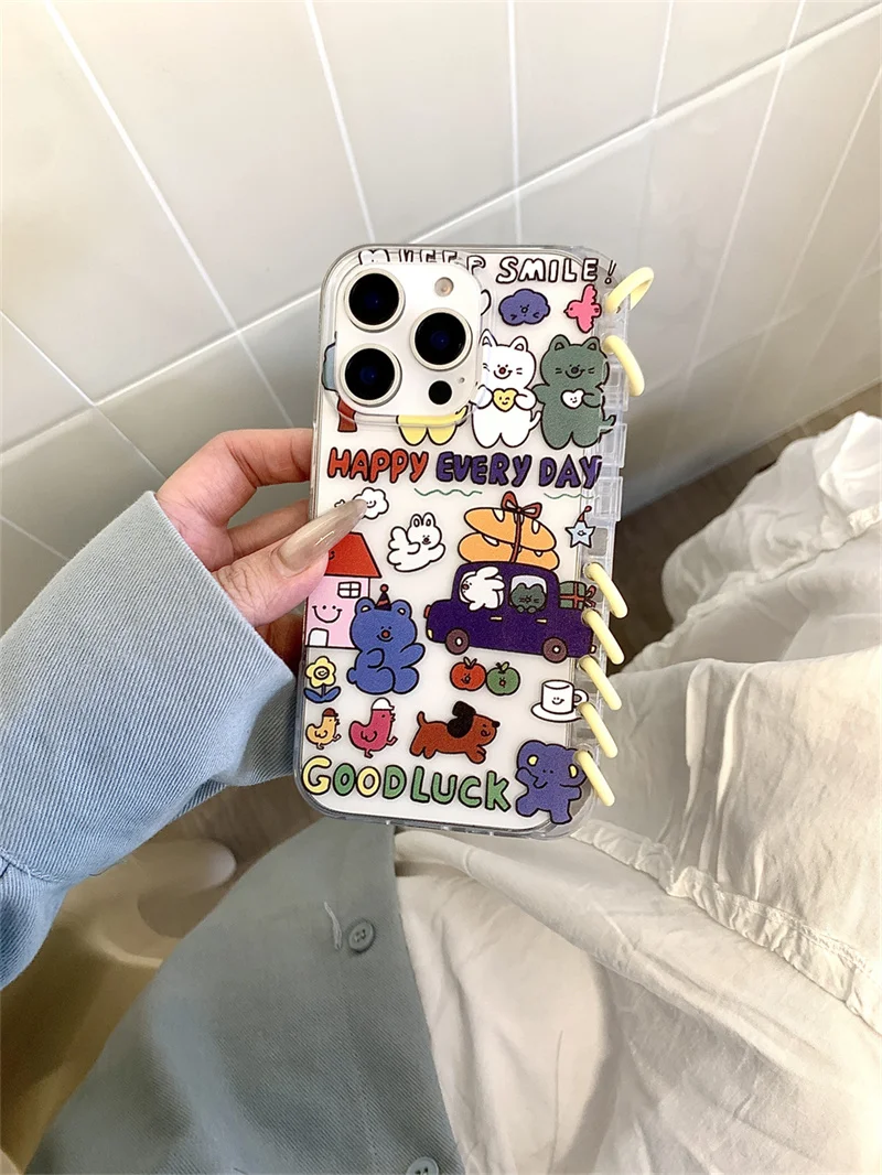 Criativo 3d clamshell bloco de notas quente bonito urso caso telefone para iphone 16 15 14 13 pro max dos desenhos animados gatinho capa à prova de choque funda