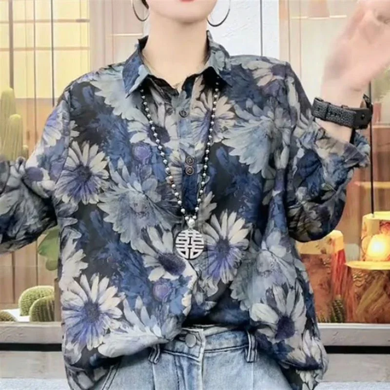 

Summer New 5XL Lapel Vintage Floral Print Long Sleeve Shirt Women Casual Fashion SIngle Breasted All-match Blouse Femme X908