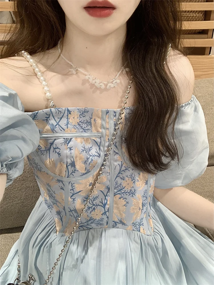 

Gentle Style Jacquard Pearl Suspender Dress for Women 2025 Summer New Short Bubble Sleeves High Waist Square Neck Long Dresses