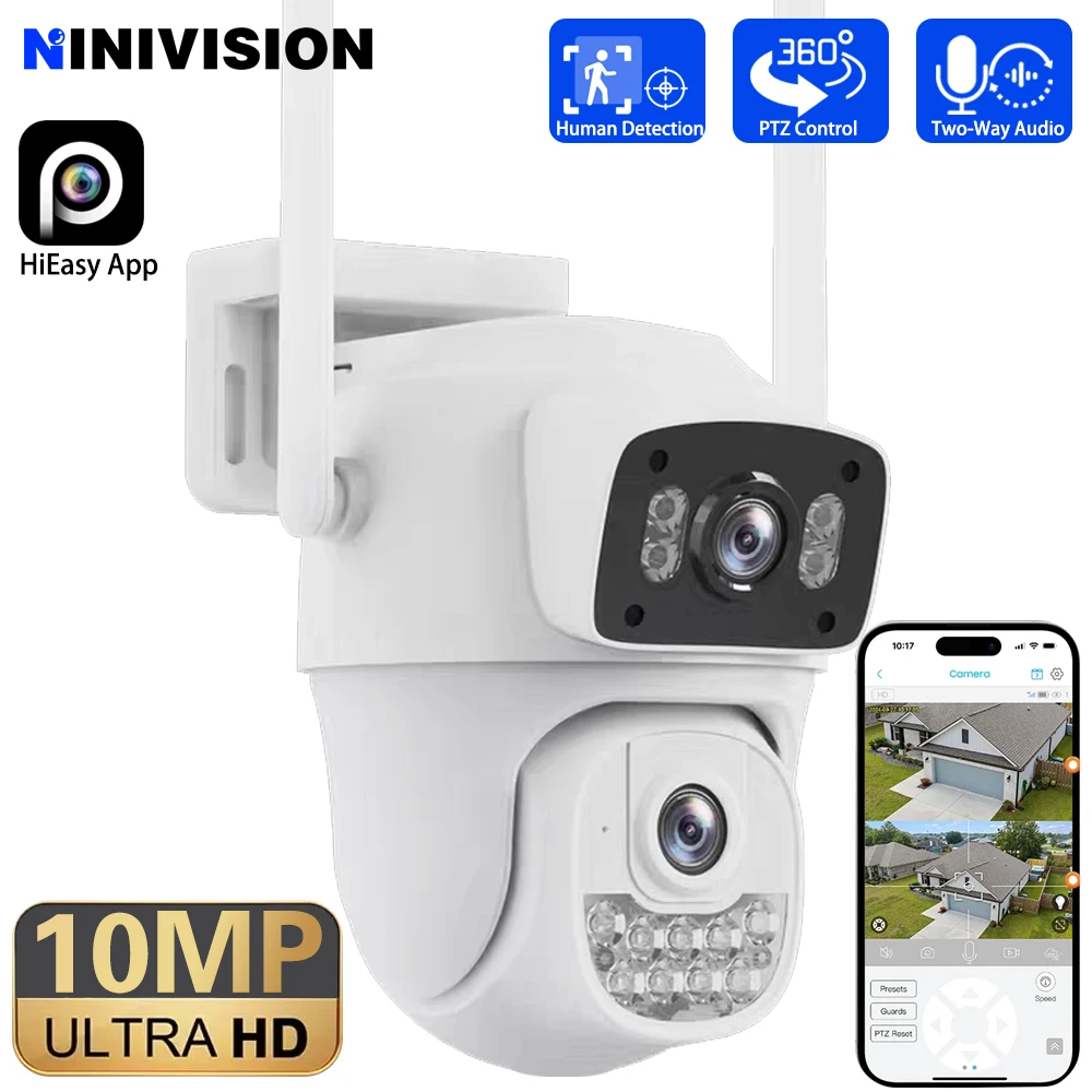 

HiEasy App PTZ Wifi Security Camera Dual Lens Dual Screens 10MP 5K Home Surveillance Camera Outdoor IP66 Waterproof H.265 IP Cam