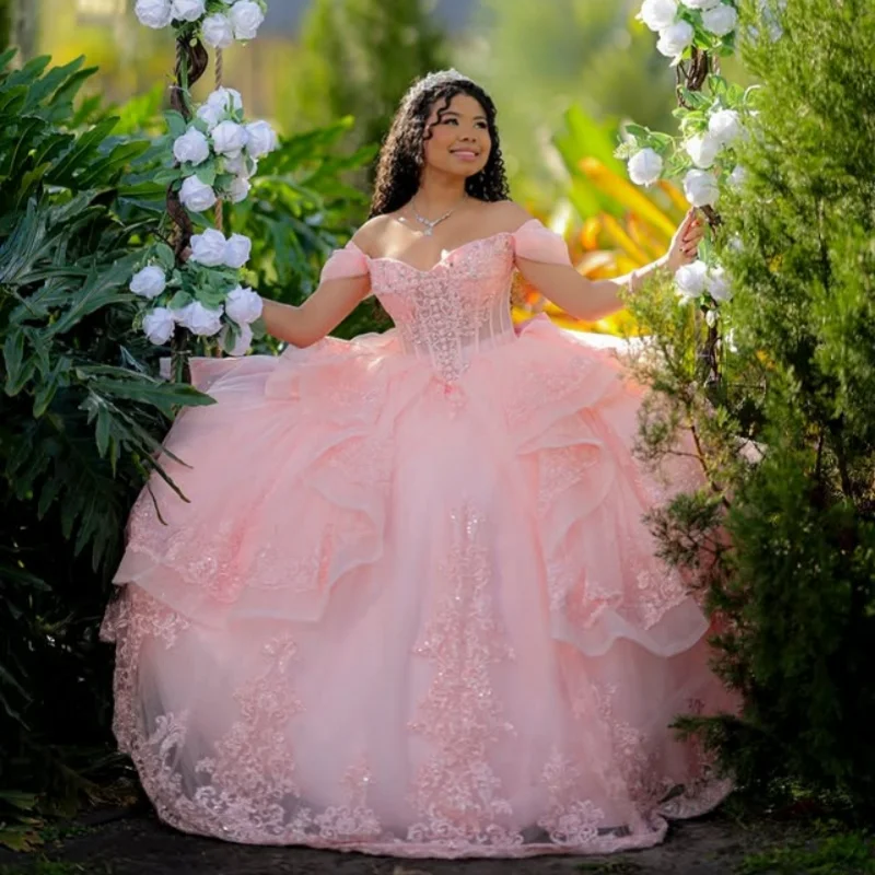 

Simple Pink Dresses off-shoulder Crystal Decal Flower Lace Layering Long tail Bow Vestido De 15 Quinceanera Customize
