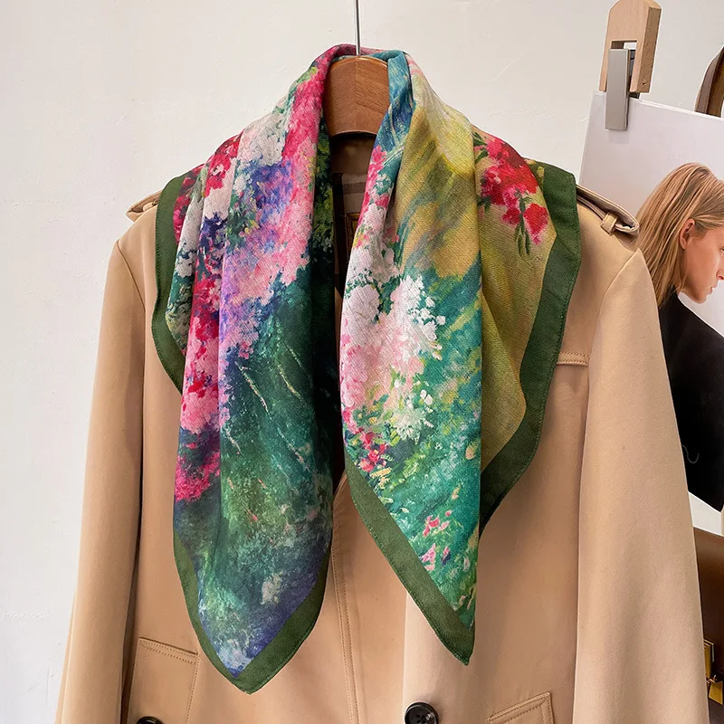 Garden Painting Square Scarf for Women All Season Headband Hairband Bag Accessories Neck Wrap Gift Korean Style Elegant Daily