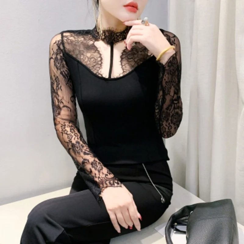 High-End Lace Patchwork Warm T-shirt Women's Autumn Winter New Long Sleeved Tshirt Femme Sexy Hollow Out Off Shoulder Base Top