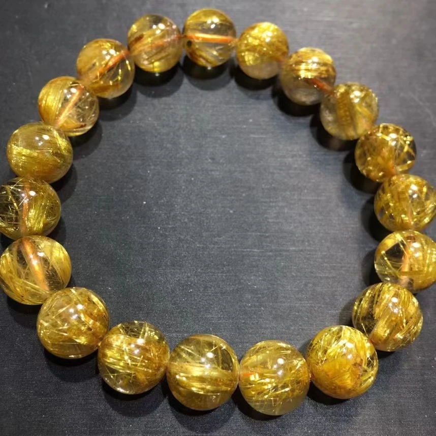 Natural Gold Rutilated Titanium Quartz Bracelet 10.5mm Woman Men Wealthy Clear Round Beads Jewelry From Brazil AAAAAAA