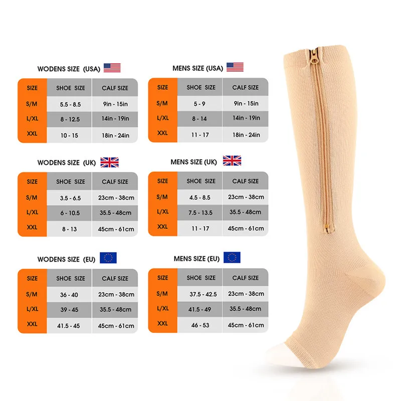 Compression Socks Men Women Knee Maternity High Zipper Socks Anti-Fatigue Stretchy Sox Outdoor Running Hiking Sports Socks YSZ01