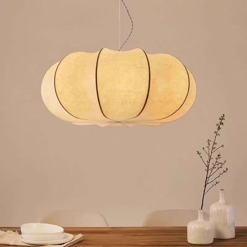 Japanese Style Pumpkin Shape Pendant Lamp Vintage Silk‑like Fabric Shade Hanging Light Fixture For Dining Table Living Room