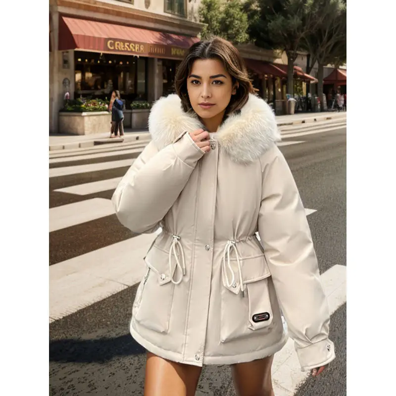 

Зимняя женская парка белого цвета, утепленная, с двумя карманами, на шнуровке, с бахромой, водоотталкивающая, с вышивкой, с элементами комбинированного дизайна, антистатическая, молодежная