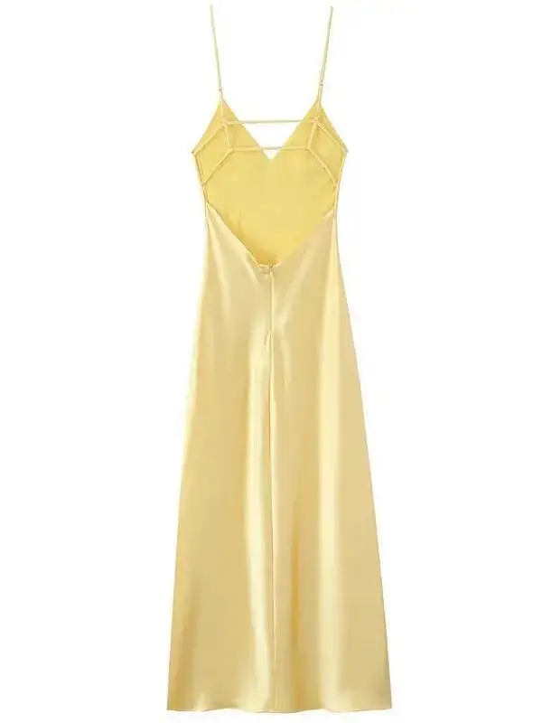 Womens gele onderjurk zomer vrouw satijn v-hals feestjurken elegante avond mouwloze backless lange vestidos