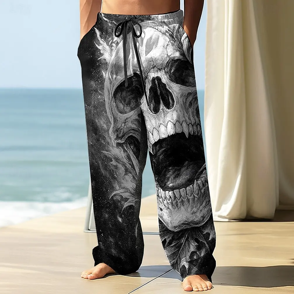Men's Skull Death Printed Trousers Baggy Pants Casual Pants Mid Waist Elastic Drawstring Waist Pants for Men Streetwear Fall