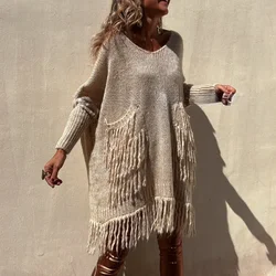 Boho Oversize jesienno-zimowy ciepły sweter sukienki dla kobiet dekolt w serek luźne kieszenie sweter z dzianiny z frędzlami sweter artystyczne ściągacze