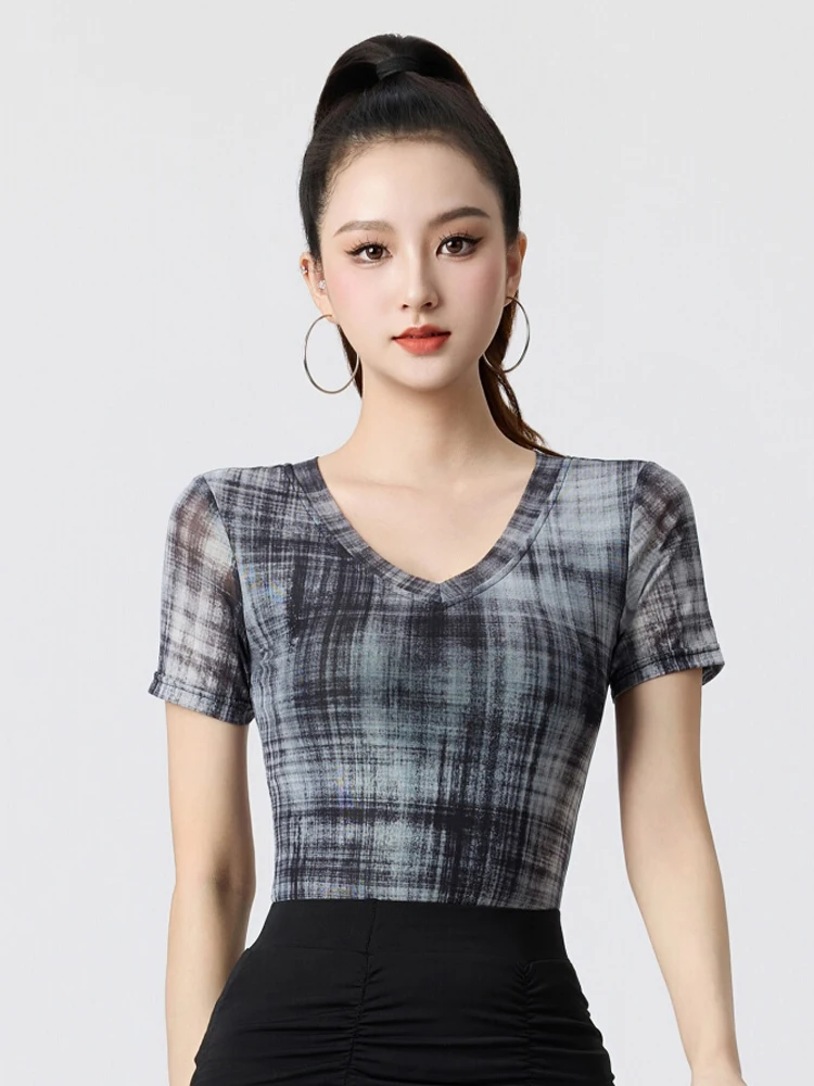 

2025 Women's Latin Dance Top National Standard Dance Print Short Sleeve Top Chacha Rumba Tango Modern Dance Costumes DQL11277
