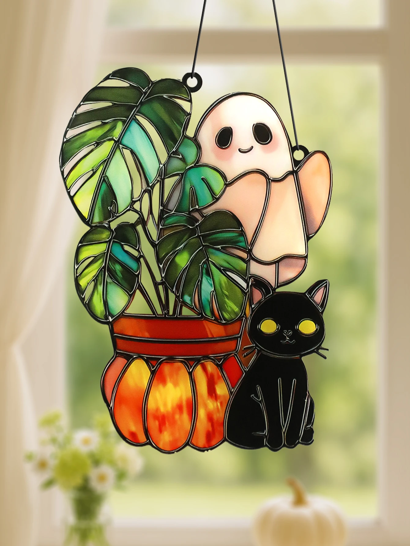Niedlicher Halloween-Geist zum Aufhängen, Acryl, schwarze Katze und Kürbis, Topfpflanzen-Design, Wanddekoration, Fensterdekoration für Zuhause und Garten, Geschenk