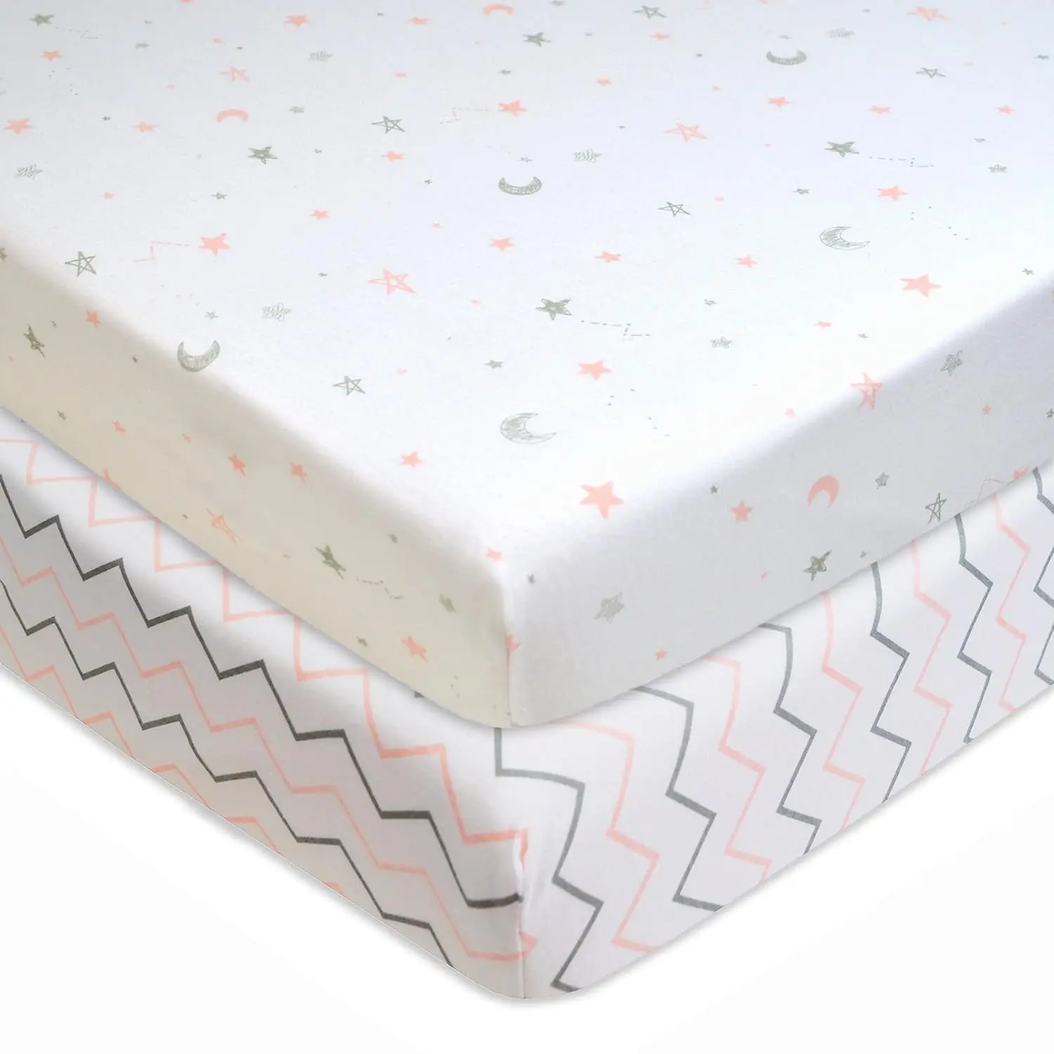 

Комплект из 2 простыней для манежа из 100% хлопка, 99x69 см, мягкие и дышащие, для мальчиков и девочек, розовые звездочки/зигзаг