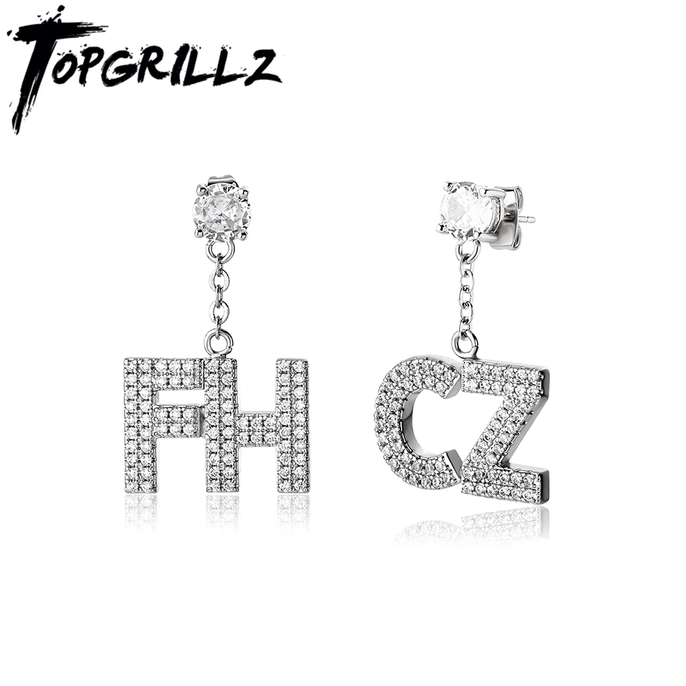 

TOPGRILLZ New Custom Letters Round Iced Out CZ Stone Earrings Gold/Silver Color Hip Hop Earrings For Men Women