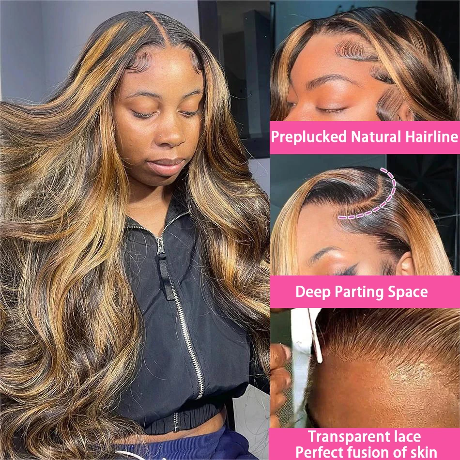 Addictive 250% 30 Inch Body Wave Highlight 13x6 HD Lace Front Human Hair Wig 4/27 Color Ombre 13x4 Lace Frontal Wig for Women