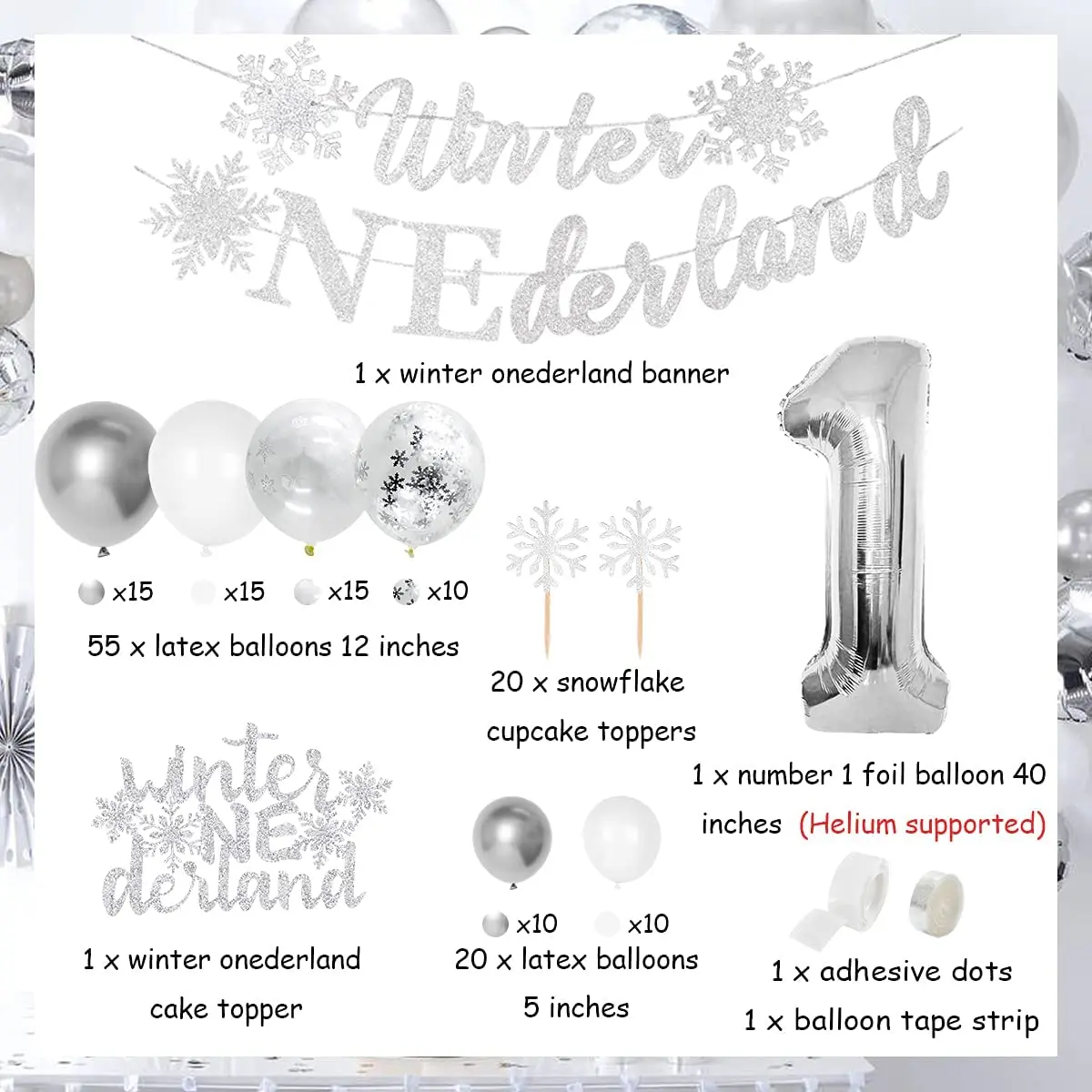 Frozen Theme Snowflake Winter Onederland 1st Birthday Party Decorations Silver Balloon Garland Kit for Boys Girls First Birthday