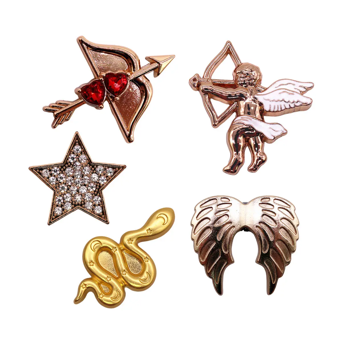 1 Pcs Luxury Metal Cupid Shoe Charms Accessories Gold Snake Angel's Wings Sandal Upper Decarations Rhinestone Star Clogs Pins