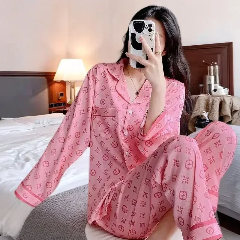 Pajamas Women\'s Clothing Suits Spring Thin Ice Silk Cardigan Home Soft Cozy Simple Relaxed Casual Skinny Warm Freshness Sweet