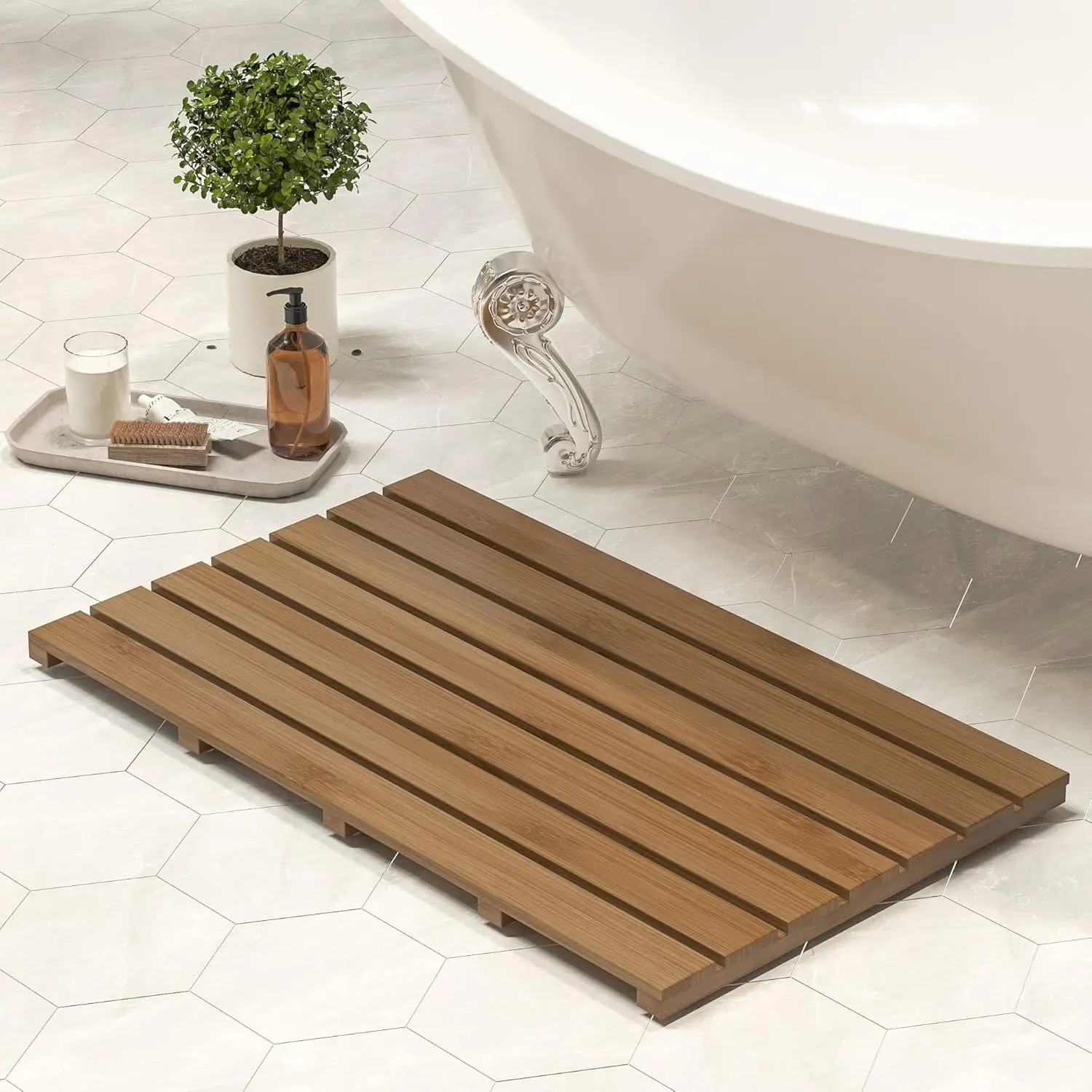 

Non-Slip Bamboo Shower Mat Waterproof Bathroom Floor Carpet for Indoor Outdoor Use Walnut 31x18 Inches