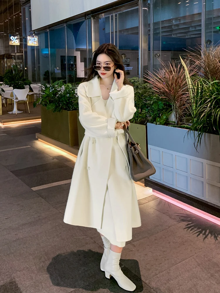 

Double-Sided Camere Coat Women's Casual Waist-Cinching Outerwear Long Sve Korean Sle Straight Cut Winter Coat
