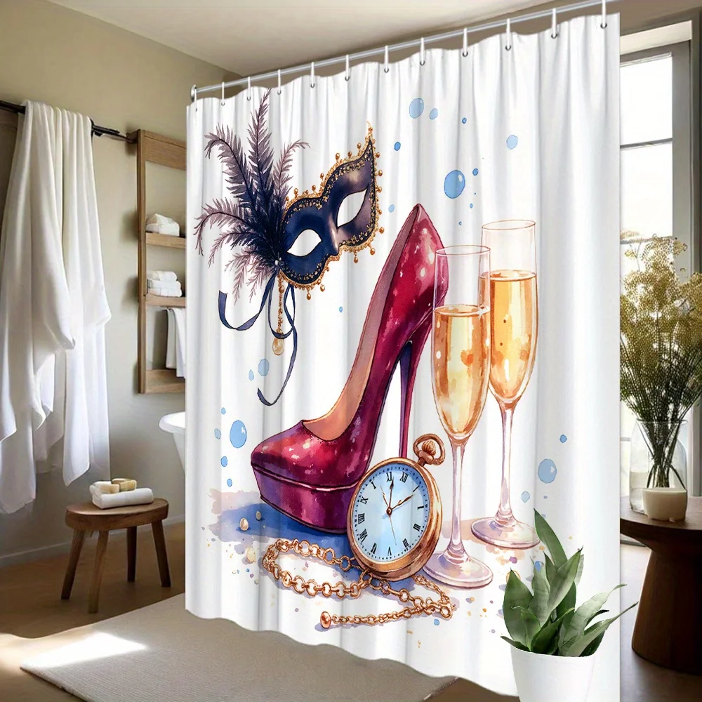 Red High Heel Mask Shower Curtain, Champagne Glass Clock Art Print Waterproof Bathroom Decor, Luxury Party Home Bath Screen