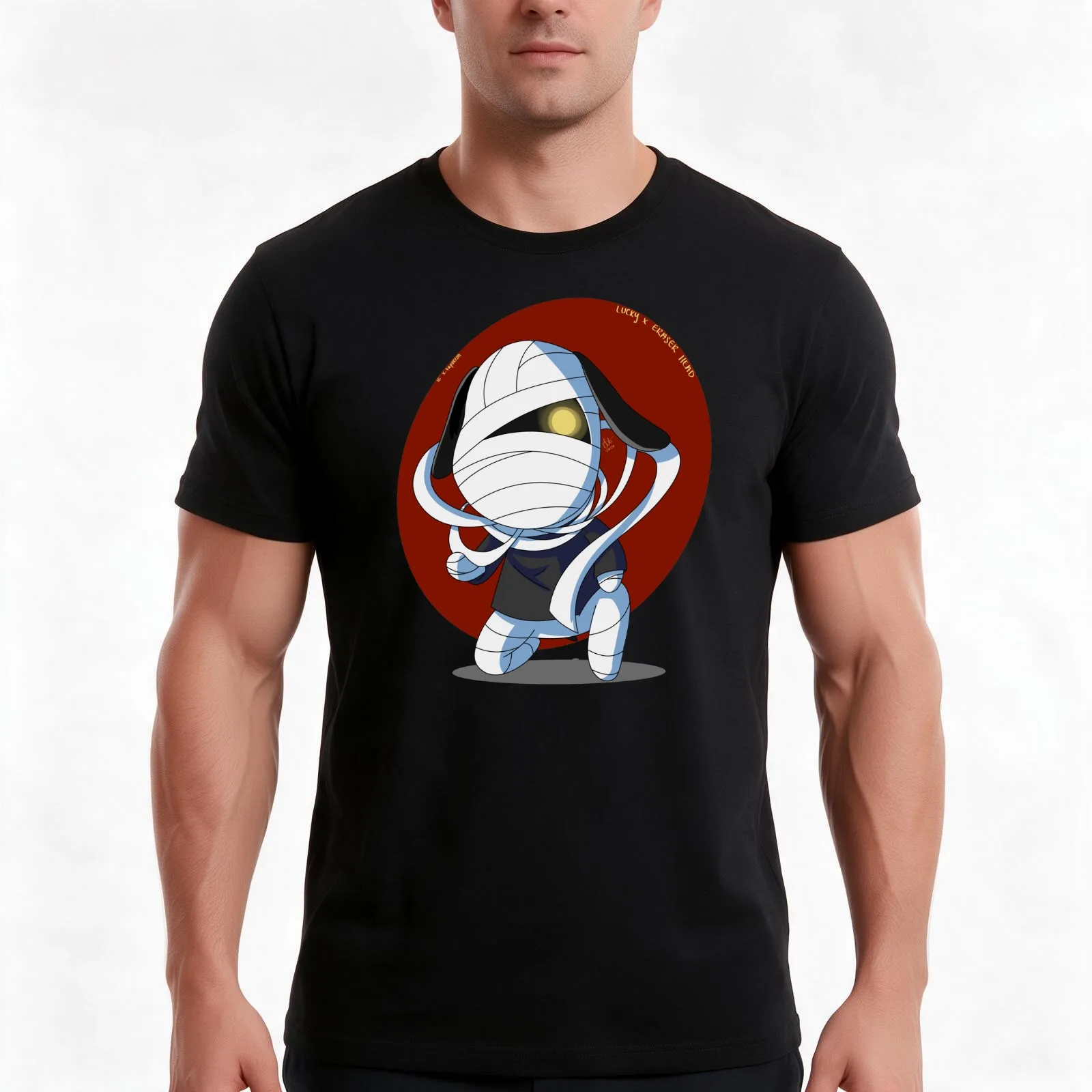Lucky x eraser head T-Shirt, Summer Casual Cotton Tee, Oversized Streetwear Tops, Vintage Graphic Print, Loose Fit Short Sleeve