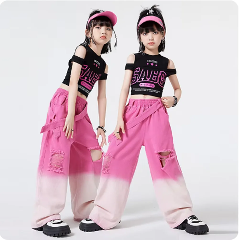 Girls Jazz Fashion Suit Kids Hip Hop Dance Performance Costume Kpop Stage Outfit Streetwear Black Top Pink Gradient Pants