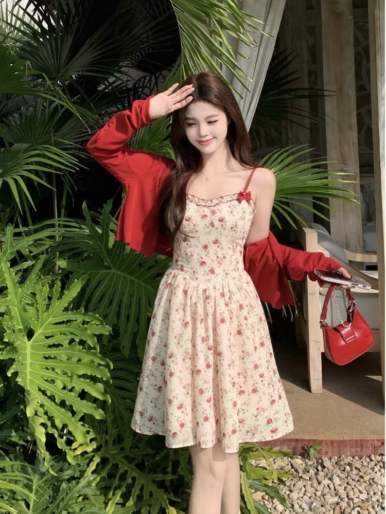 

plus Size Women's Floral Print Off-Shoulder Long Sleeve Sun Protection Cardigan Slimming Knot Dress Casual Korean S...