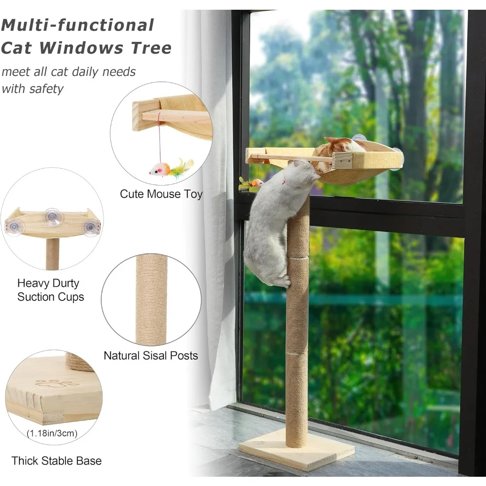 Cat Window Perch สูง Scratching โพสต์,ภายใน 46 "ปีนต้นไม้เปลญวนติดตั้งพร้อมถ้วยดูดสําหรับ Sleeping,เล่น an