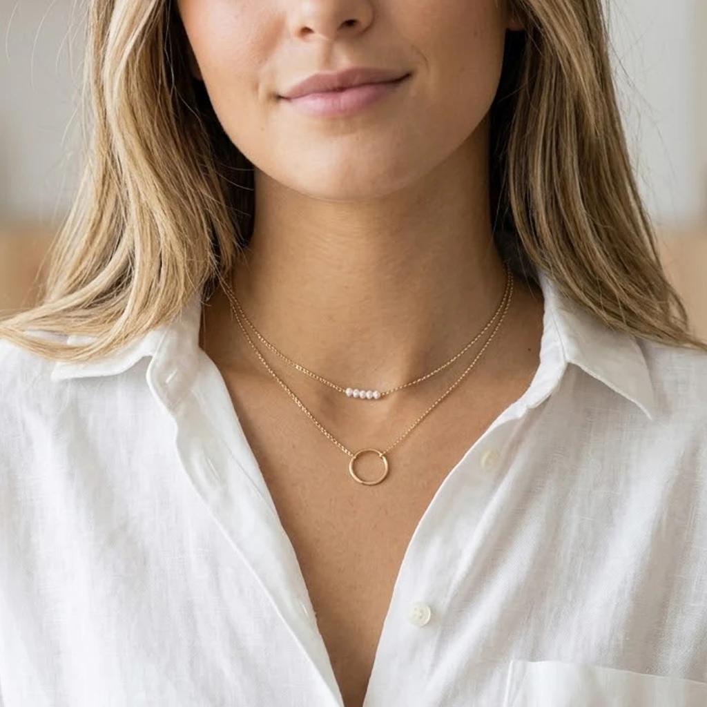 14K Gold Plated Stainless Steel Layered Necklaces For Women 5 Faux Pearl Beads Textured Hammered Open Circle Pendant Necklace