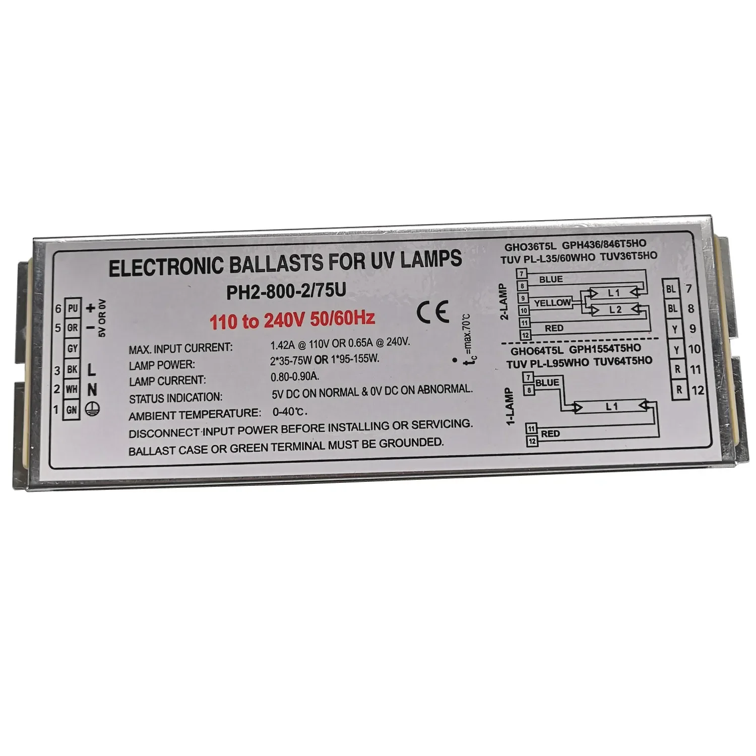 PH2-800-2/75U Germicidal Lamp Electronic Ballasts for UV Lamp 1-Lamp 95-155W or 2-Lamp 2X35-75W 110V-240V