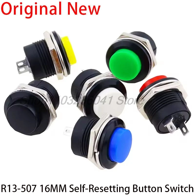10pcs Momentary Push Button Switch 16mm Momentary 6A/125VAC 3A/250VAC Round Switches R13-507 BLACK RED GREEN WHITE BLUE YELLOW