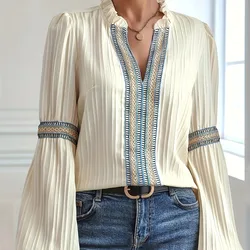Plus Size Solid Eyelet Cut Out Blouse, Casual Button Front Notched Neck Long Sleeve Blouse For Spring & Fall, Women's Plus Size