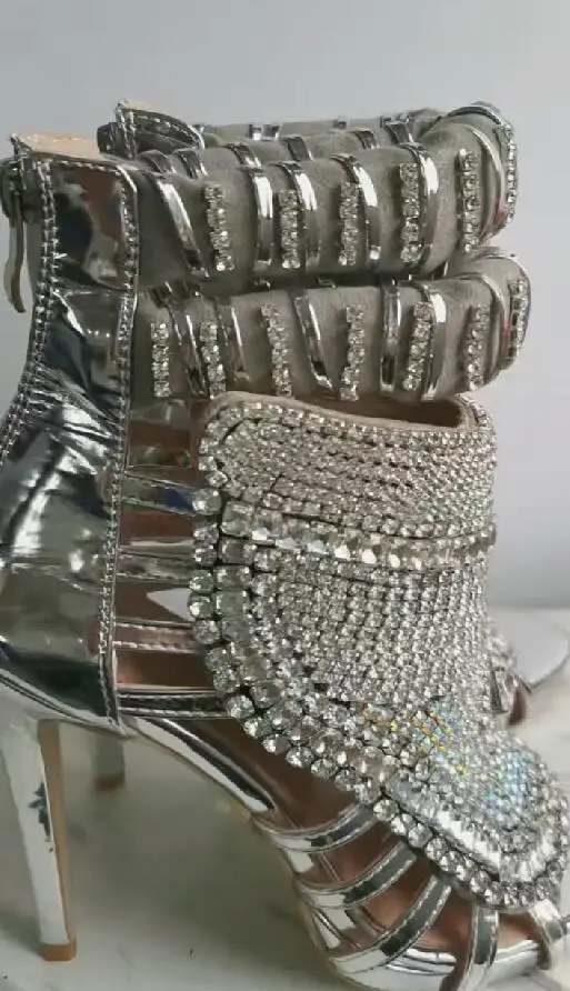 الفاخرة حجر الراين مزين اللمحة تو الصنادل المصارع بلينغ الماس كريستال رغوة حزام عالية الكعب Sandalias مأدبة الأحذية