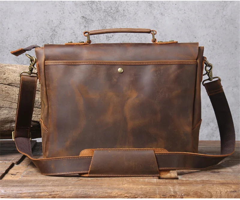 Vintage crazy horse cowhide men\'s handbag briefcase high-quality natural genuine leather office laptop shoulder messenger bag