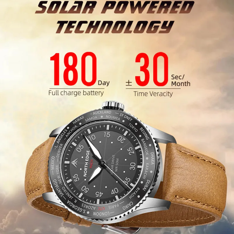 NORTH EDGE Solar Watches For Men MACH New Silver Stainless Steel Luminous Leather Strap 50M Waterproof Mens Watch Reloj Hombre