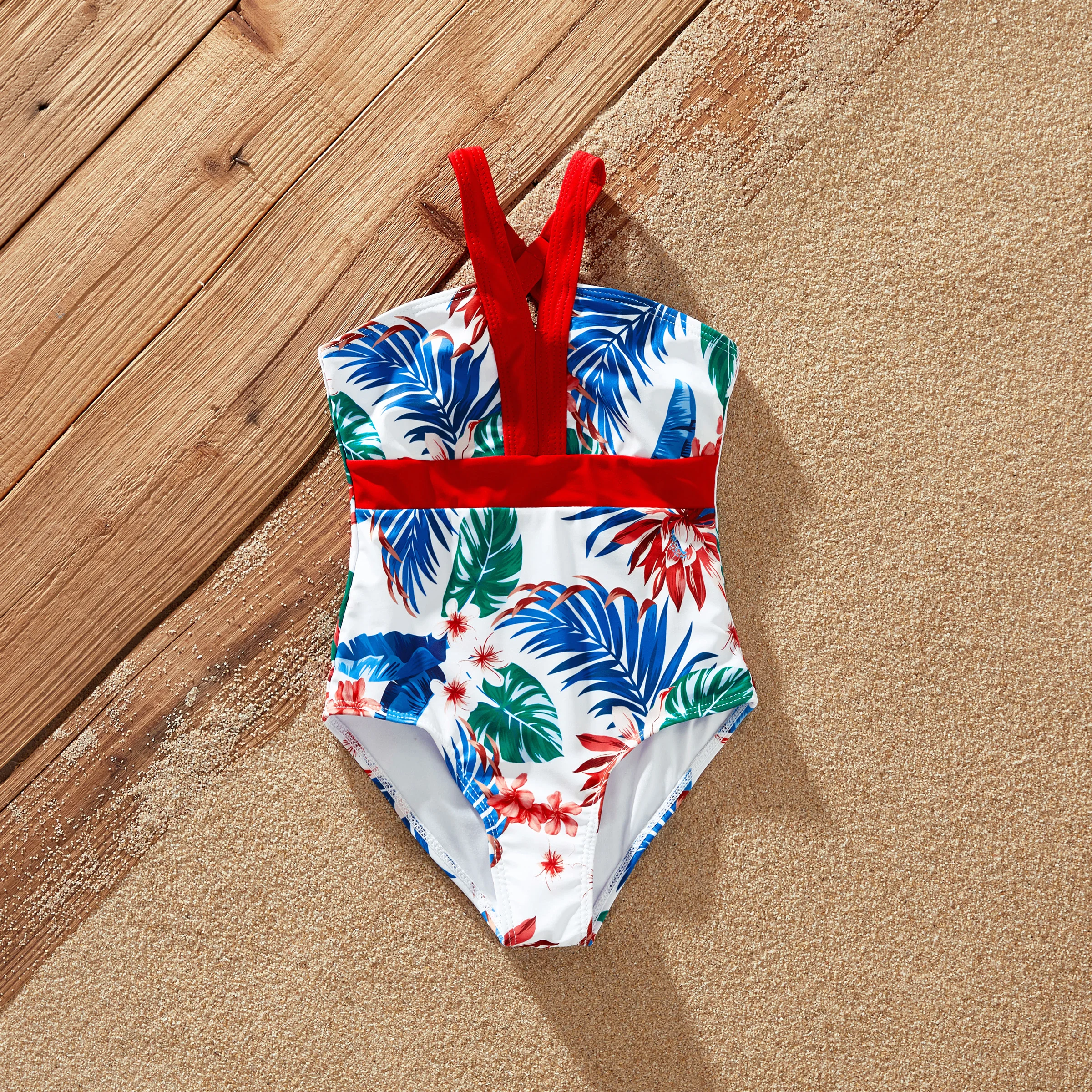 PatPat Tropical Plant Print Red Spaghetti Strap Girls' One-Piece Swimsuit
