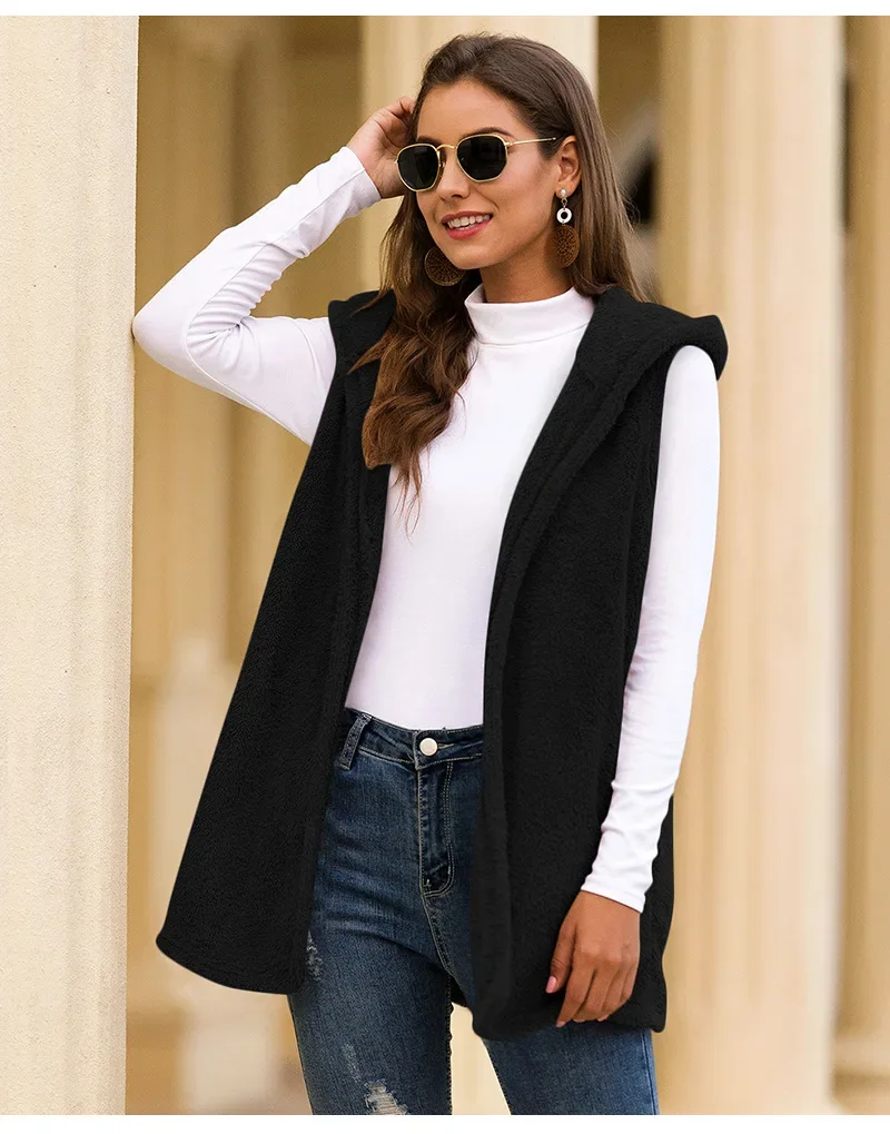 Chaleco con capucha de longitud media para mujer, chaquetas de felpa, abrigos de moda, cárdigan de calle, Color sólido, Otoño e Invierno