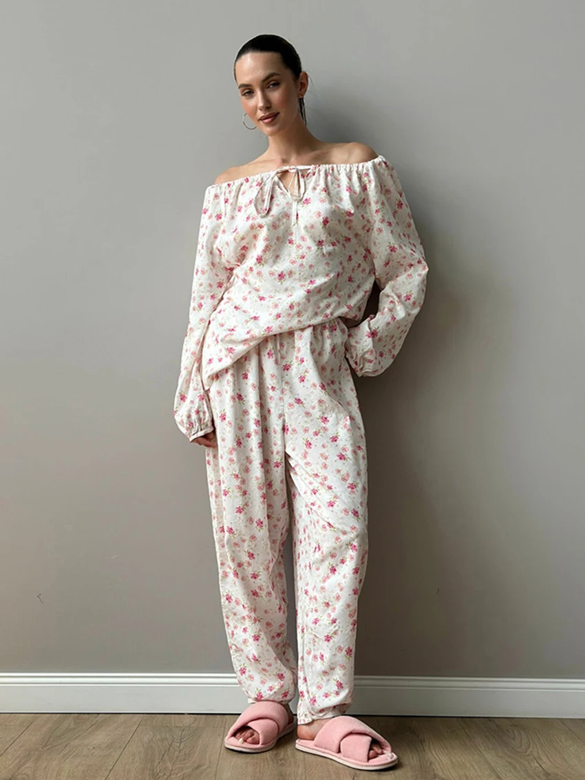 Marthaqiqi Printing Women'S Sleepwear Set Slash Neck Pajamas Long Sleeve Nightie Lace Up Nightwear Pants Casual Nightgowns Suit