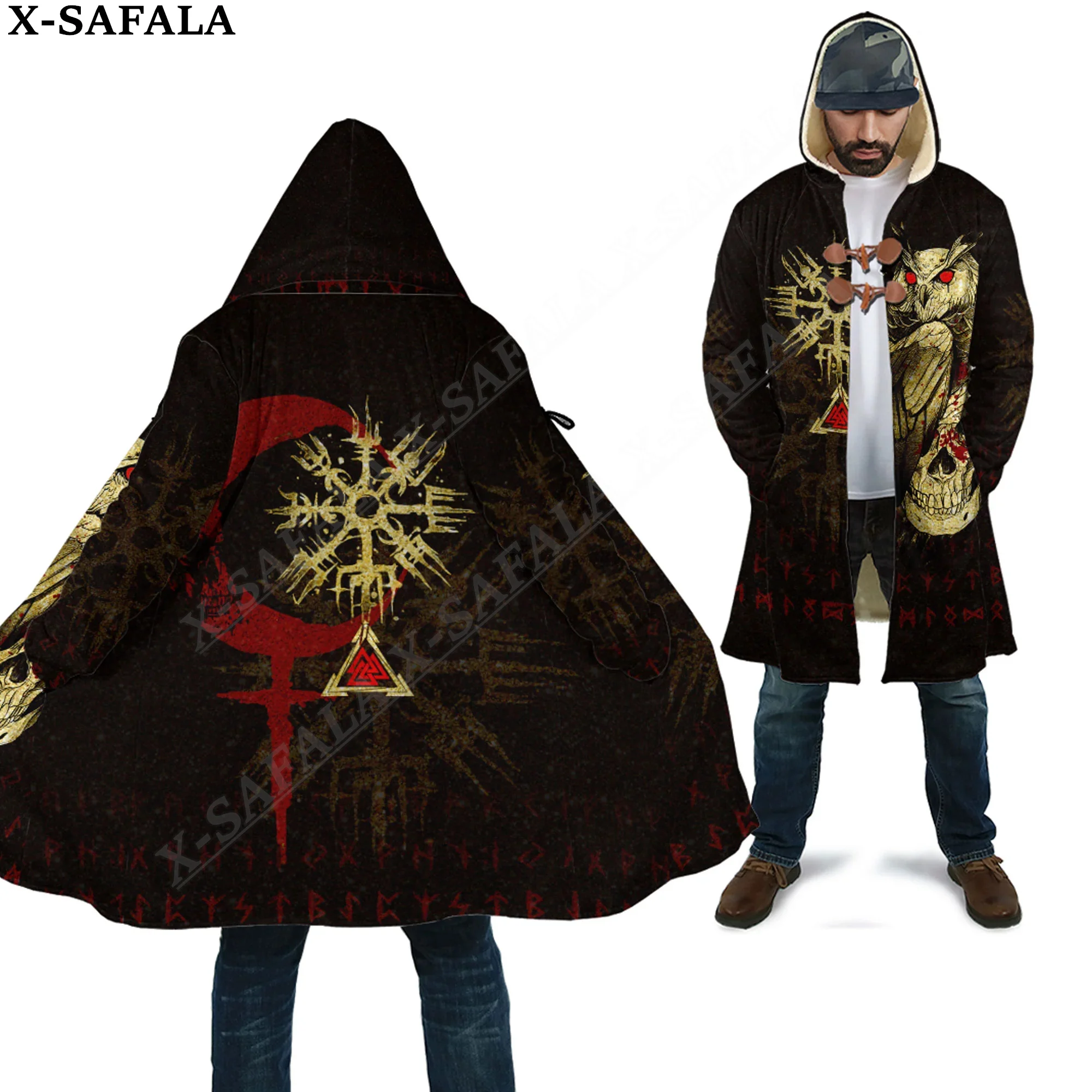 Owl Skull Blood Tattoo Symbol Viking Odin Overcoat Coat 3D Print Thick Warm Hooded Cloak  Men Windproof Fleece Unisex-1