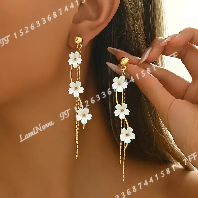 1 Pair Elegant Women Shell 5-Petal Flower Earrings Pink Rhinestone Tassel Long Studs Unique Fashion Jewelry Daily Wear All